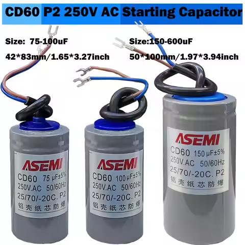 CD60 P2 250V AC 50/60Hz Starting Capacitor Startup Aluminum Shell Paper Core 75uF 100uF 150uF 200uF 