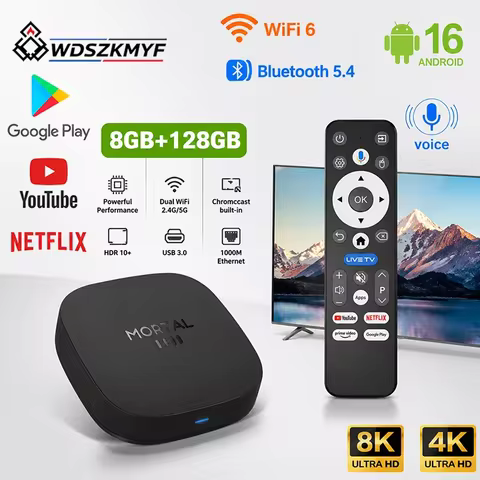 4K/8K UHD T1+ Smart TV Box Android 16.0 RK3518 Quad‑Core Media Player 8GB +128GB WiFi6 Streaming Med