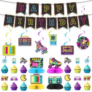 Cross-Border 80s Birthday Theme Party Decoration Neon Birthday Pull Flag Honeycomb Ball Decoration S