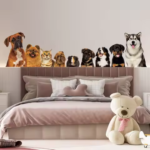 C30# 9 Cute Cats And Dogs Wall Sticker Kids Room Background Home Decoration Mural Living Room Wallpa