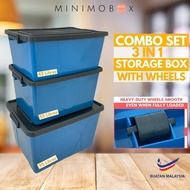 Combo Set 3 in 1 Storage Box (Capacity: 95L + 55L +45L) Used Plastic Storage Box with Wheels Combo S