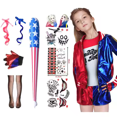 Halloween Kids Girls Suicide Harley Cosplay Costumes Squad Quinn Embroidery Printing Jacket Accessor