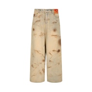 ขี้เกียจ สไตล์โบฮีเมียน หลวม Fit ความยาวพื้น Vintage Dirt-Dyed Washed คุณภาพต่ํา เดนิม กางเกงยีนส์ ผ