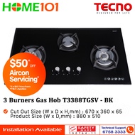 Tecno Glass Cooker Hob 3 Burners T3388TGSV - Black - LPG / PUB - FREE INSTALLATION