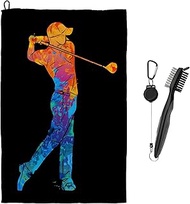 Ecezatik Watercolor Golf Player - Golf Towels for Golf Bags Men with Clip - Golf Accessories for Men, Golf Gifts for Men, Gifts for Men Golfers, Gifts for Golf Lovers, Golf Towel and Brush Set, Black