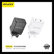 Awei PD62 20W Power Adapter Dual Interface Fast Charging UK Charger PD20W Fast Charger 3 Pin UK Plug