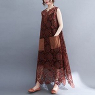 復古刺繡蕾絲連身裙夏新款寬鬆大碼鏤空無袖背心裙兩件套