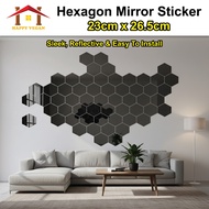 23cm x 26.5cm Cermin Hiasan Hexagon – Corak Moden Lekat Sendiri | Modern Hexagon Mirror Sticker for 