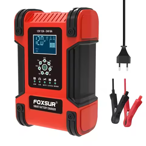 FOXSUR 12V 24V 12A Pulse Repair Charger, LiFePO4 Motorcycle & Car Battery Charger, AGM Deep cycle GE