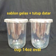 sablon gelas plastik dan tutup datar cup STARINDO 14oz OVAL