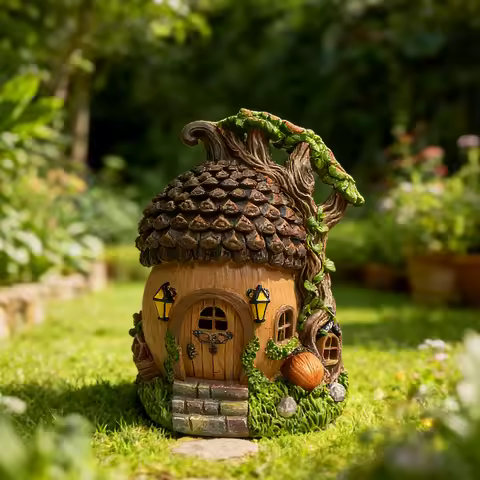 Solar Powered Acorn Fairy House Statue with LED Light - Outdoor Resin Tree Nut Cottage Figurine Auto