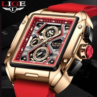 LIGE Luxury Men Watch Waterproof Silicone strap Sport Chronograph Square Quartz Watch