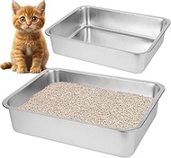 2 Pack Stainless Steel Cat Litter Box，Small Stainless Steel,Large Metal Cat Litter Box-Easy to Clean
