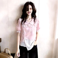 Sweet and Girly Style Doll Collar Puffed Sleeve Top