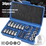 34pcs E Type Torx Star Bit Socket Set 1/4 3/8 Drive Chrome Vanadium Steel Repair Tool Kit & Bit Hand