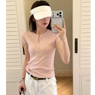 Summer Y2K Korean Style Knitted Tops - Women's Elastic Slim Fit Tee
