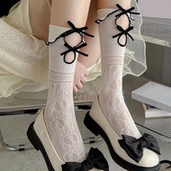 1Pair Personality Versatile Cross Straps Bow Hollow Ladies Middle Tube Socks