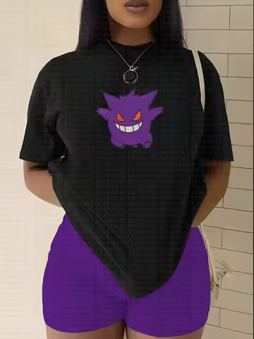 Summer 2026 New Pokemon Pure Cotton T Shirt Gengar Front Print Purple Character Design Red Eyes Loos