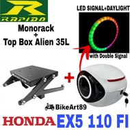 Rapido Monorack Honda EX5 110 FI Combo Set with Top Box Alien ABS Tail Box Siput 35L + LED Lighting 