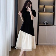 September Momo Plus Size Women's Dress 2023 Fat MM Loose Half-Sleeve Stitching Contrast Color T-Shirt Dress