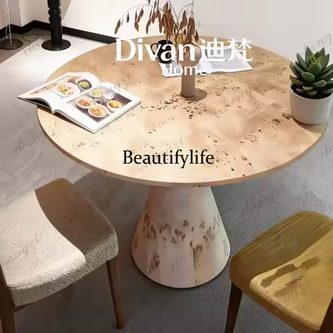 NQ52 Used solid wood dining table and chairs, home designer's creative vintage burl tea table, round