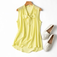 Sales!!! Women's 100 Real Natural Mulberry Silk Yellow Tie Bow Neck Top Blouse sleeveless Shirt Vest M136