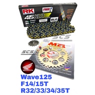 MCS Sprocket Set Honda Wave125 Rantai ULAR SAWAH RK BLG 415 KLO O-Ring Chain Gold  Motor Accessories