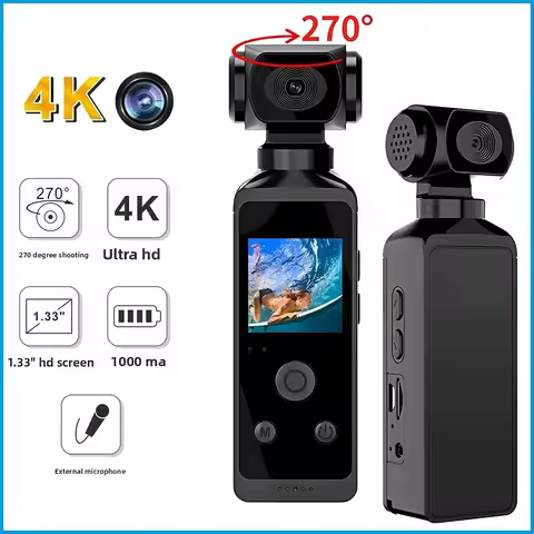4K 270° Rotatable Pocket Action Camera, Portable Mini Vlog Cam with External Mic