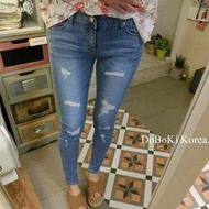 Doboki korea 微刷破彈性顯瘦牛仔褲 淺藍 中藍 窄管