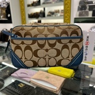 東區正精品㊣COACH 藍綠色皮革邊帆布LOGO胸口包腰包 RZ5273