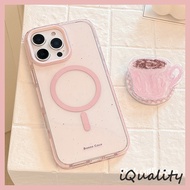 Pink Coffee Cup Transparent Magnetic Holder Phone Case Suitable For iPhone 16 15 14 13 12 Pro Max i1