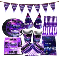 A-6🏅Purple Game Fortnite Theme Tablecloth Hanging Flag Paper Pallet Tissue Tableware Set Party Decoration WWMR