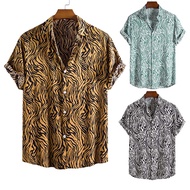 Kemeja Lelaki Baju Saiz Besar Men's Batik Casual Leopard Printed Short Sleeve Shirt Fashion Loose Button Up Collar Floral Polo Shirt Plus Size 男襯衫