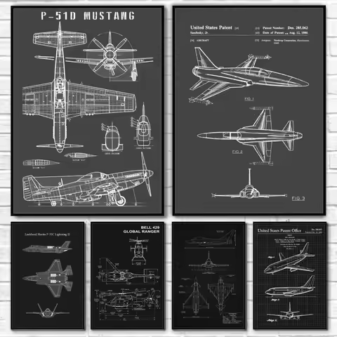 F35 P51 B2 Aircraft Design Line Poster Sticky Wall Art Printing Waterproof Home Living Bed Room Bar 