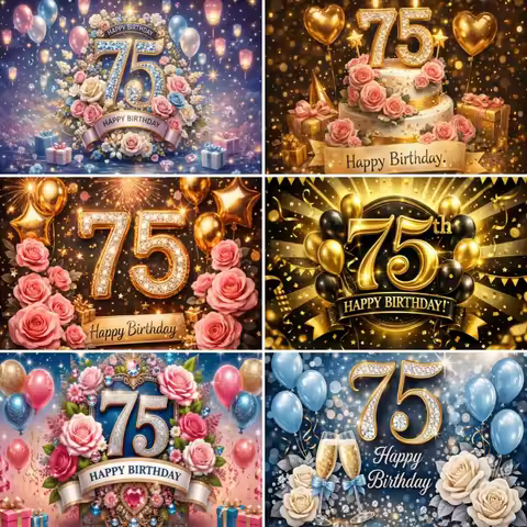 Happy 75th Birthday Party Decoration Background Glitter Balloons Gifts 75 Years Old Photography Back