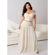 Solflare Solid Color Off-Shoulder Twist Top And Ruffle Hem A-Line Skirt Casual 2-Piece Set | Order 0