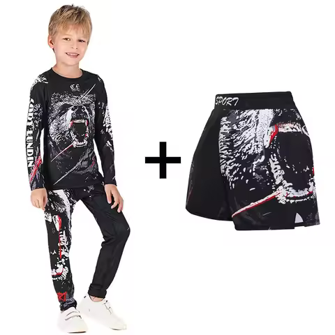 BJJ GI Kids MMA Rashguard T-shirt +Pants Set Jiu Jusit Tights Muay Thai Shorts Rash Guard For Childr