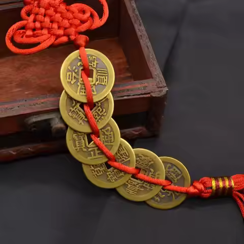 Ancient Coin Antique Fortune Money Luck Wealth Success 5 Or 6 Copper Coins Chinese Knot Red Rope Fen