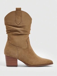 Styleloop 女性織物抽褶細節一腳蹬戶外粗跟時尚靴子,優雅西部牛仔靴