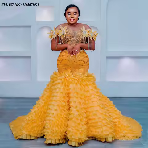 EVLAST Customized African Gold Yellow Prom Dress Luxury Beaded Floral Mermaid Wedding Party Dress Ni