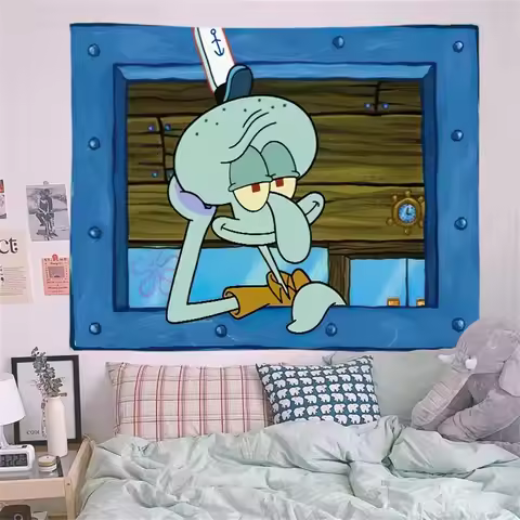 MINISO Squidward Tentacles Pop Art Tapestry - SpongeBob Cartoon Wall Hanging Bedroom Aesthetic Decor