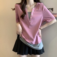 【Ship in 24H】小众设计感假两件短袖T恤女春夏新款特大码宽松百搭减龄300斤上衣Fat pulssize oversize T-shirts