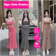 Set of 1st class stretchy 2-strap crop top bodysuit + striped flared bodycon dress in 3 colors pink,