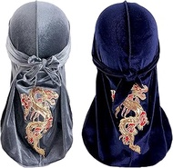 Unisex 2 Pieces Velvet Durag Hip-Hop Headscarf with Long Tail Wide Straps Elastic Pirate Costume Hat