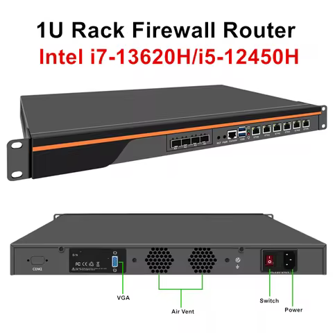 Topton 1U Rack Firewall Mini PC Intel i7 13620H i5 12450H 4x/2x 10G SFP 6*2.5G LAN 2*NVMe Workstatio