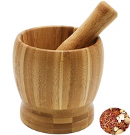 Bamboo Mortar and Pestle 100% Natural Bamboo Spice Grinder Crush Press Mash Spices Herbs Garlic Pepper Guacamole Nuts Fruit 4 inch Wooden Mortar and Pestle Set for Kitchen