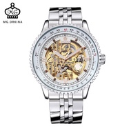 MG. ORKINA Brand Male Automatico Watches Luxury Golden Skeleton Mehcanical Movement Steel Band Men's Watches Relogio Masculino