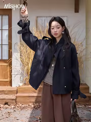 MISHOW Navy Blue Short Jacket for Women 2025 Autumn Winter Safari Style Stand Collar Epaulette Desig