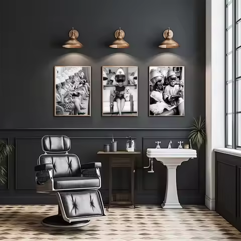 Vintage Barber Shop Decor Women and Poodle at Hair Salon Hairdressing Poster Canvas Painting Wall Pi