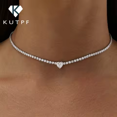 2mm Full Moissanite Diamond Tennis Necklace With Heart Cut Diamond Riviera Necklace S925 Silver Adju